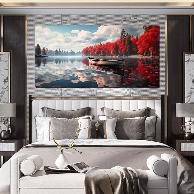 Large Wall Art for Living Room Bedroom Office Red Forest Wall Art Lake Landscape Pictures Modern Artwork Framed Canvas Prints 29x59 Inch