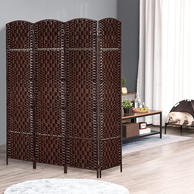 HOMCOM Room Divider, 4 Panel Folding Privacy Screen, 6FT Tall Portable Wicker Weave Partition Wall Divider for Bedroom, Home Office, Brown