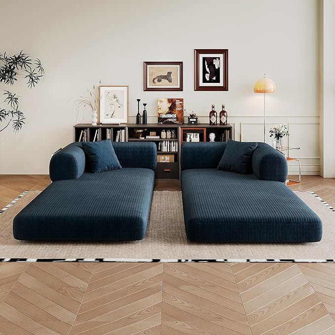 79" Convertible Sofa Bed with Fixed-Shape Frame, Corduroy Folding Pull Out Couch, No Assembly Modern Boneless Couch Compression Sofa in Box, Floor Sofa for Living Room,Blue