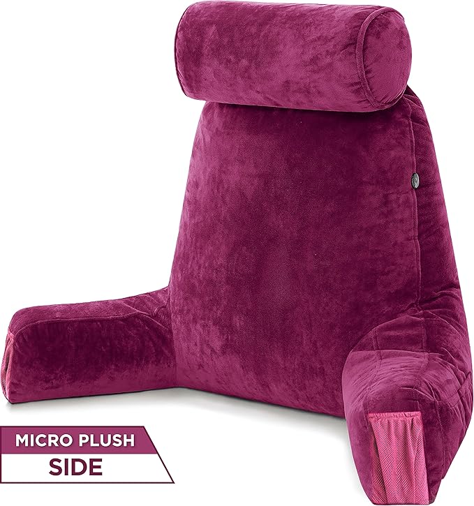 Husband Pillow Medium - Reading Bed Pillow with Arms - Premium Shredded Memory Foam Bed Pillow for Sitting Up - Aspen Edition Sldig Raspberry - Reversible 2 Sided Cover with Plush Microfiber and Suede
