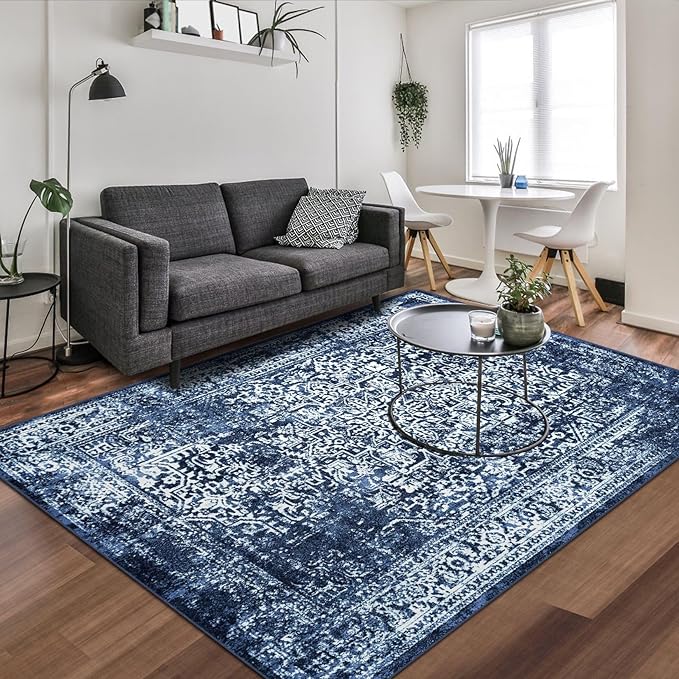 vivorug 5x7 Area Rugs, Stain Resistant Washable Rug for Living Room, Vintage-Inspired (Navy Blue, 5'x7')
