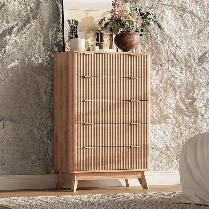 43'' Hight 5 Drawers Dresser for Bedroom,Modern Fluted Vertical Chest with Rounded Corners,Fluted Dresser for Living Room,Hallway, Natural Wood