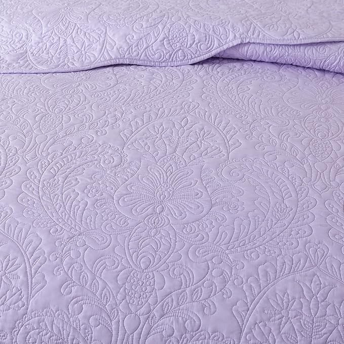 HoneiLife Queen Quilt Bedding Set - Microfiber Quilt Sets for Queen Bed, 3-Piece Lightweight Bedspreads,Reversible Coverlets Rustic Bedlinen Sets, Floral Bedding Set All Season Quilts-Light Purple