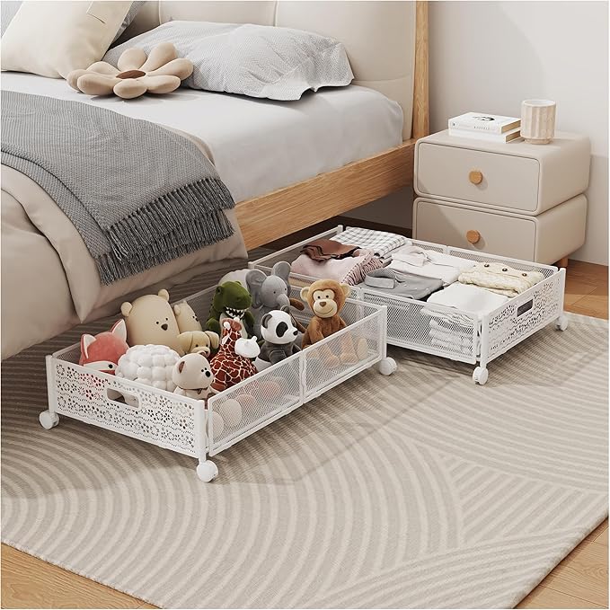 Under Bed Storage with Wheels, Foldable Pattern Carved Metal Under The Bed Storage, Tool-Free Assembly Under Bed Storage Containers, 60L Underbed Storage for Bedroom Clothes Blankets-2 Pack