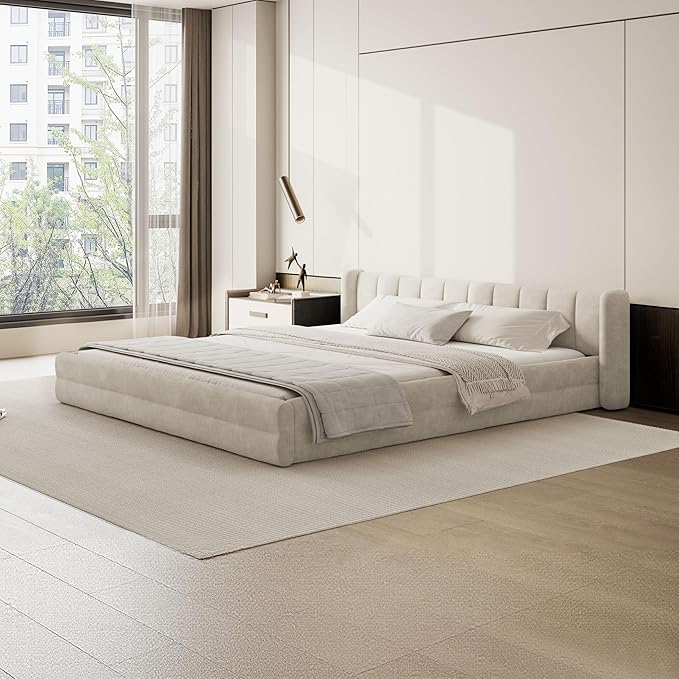 DEINPPA King Size Bed Frame with Cloud Soft Headboard, Chenille Upholstered Grounded Wood Base Bed Frame, No Box Spring Needed-Beige
