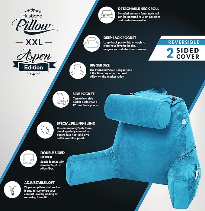 Husband Pillow XXL Reading & Bed Rest Pillows - Premium Memory Foam Backrest Pillow with Arms & Neck Roll - Aspen Edition Rodeo Blue - Reversible 2 Sided Cover with Plush Microfiber and Suede