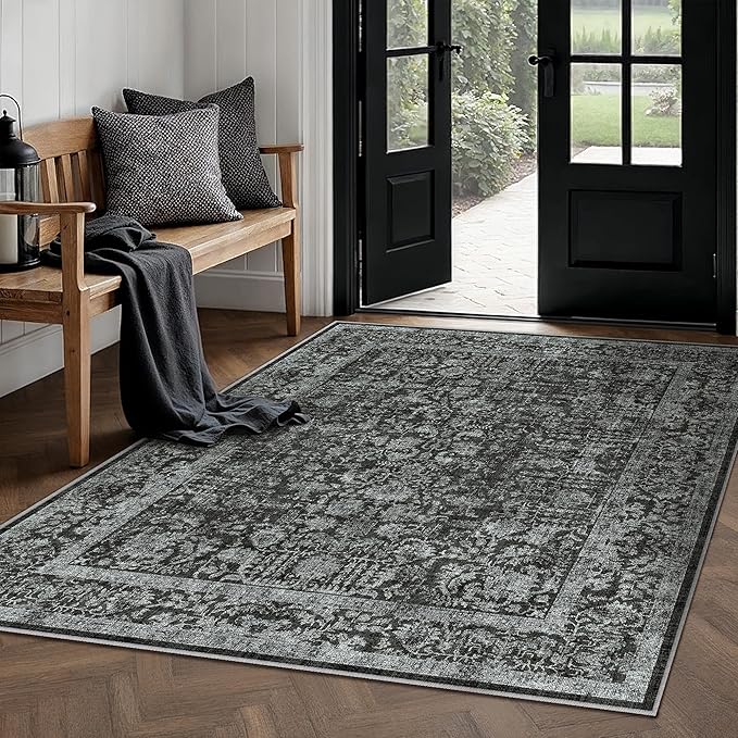 Dark Black Area Rug 5x7 Machine Washable Vintage Living Room Distressed Non Slip Carpet Traditional Indoor Bedroom Retro Floral Accent Throw Large Rug Office Kitchen Bathroom Dining Room