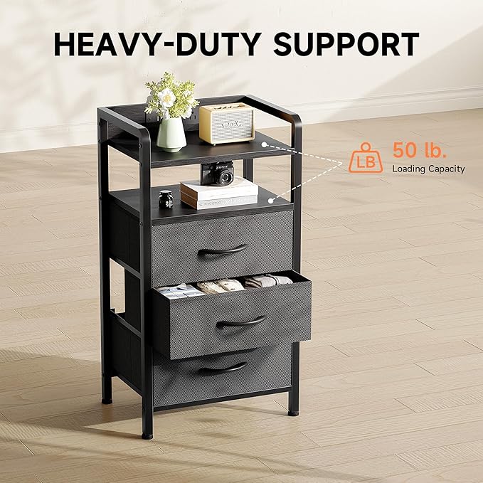 Night Stand Bedside Charger Bedroom - Nightstand with Charging Station & LED Light Strip, Night Stand with Storage Shelf & 3 Fabric Drawers, Morden End Table with U-S-B Ports & AC Outlets