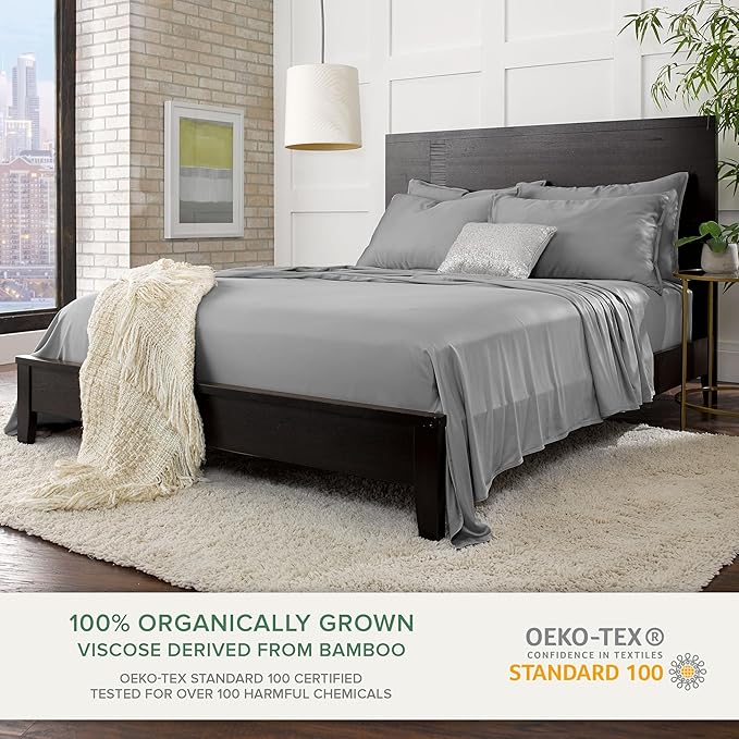 Pure Bamboo Short Queen Sheets for RV Camper (60"x75") - Genuine 100% Organic Viscose Derived from Bamboo Bed Sheet Set, Soft & Cooling, 2 Year Quality Promise (Short Queen, Stone Grey)