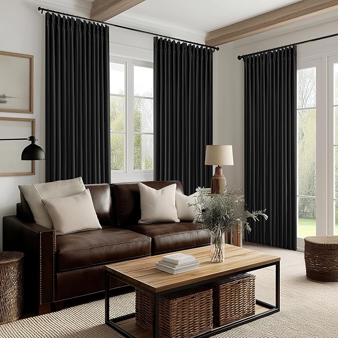 Black 96 Inch Blackout Pinch Pleated Curtains 2 Panel Set for Living Room Darkening Thick Linen Textured 100% Black Out Drapes 96 Inches Long Pinch Pleat Back Tab Light Blocking Bedroom Curtains