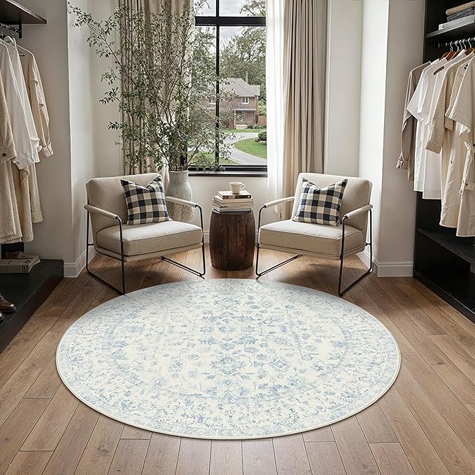 4ft Blue Round Area Rug Entryway Door Mat Small Circle 4x4 Kitchen Vintage Carpet Non Slip Indoor Bedroom Washable Distressed Floral Retro Accent Throw Rug Office Bathroom