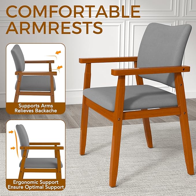 thksbought Set of 4 Mid Century Modern Walnut Dining Chairs Wood Arm Grey Fabric Kitchen Cafe Living Room Decor Furniture