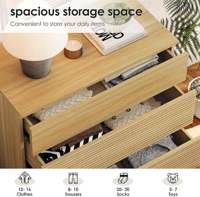 WAMPAT 63" W Fluted Dresser for Bedroom, 2 in 1 Modern 6 Drawer Dresser TV Stand with Hidden Handles, Wooden Chest of Drawers Closet Clothes Storage Organizer for Bedroom, Living Room, Oak