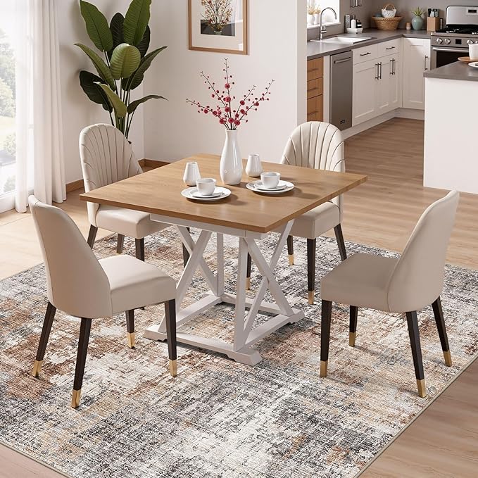 Square Area Rug Living Room Rugs - 8x8 Washable Large Soft Indoor Neutral Modern Abstract Low Pile Rug Carpet for Bedroom Dining Room Farmhouse Home Office - Grey Brown