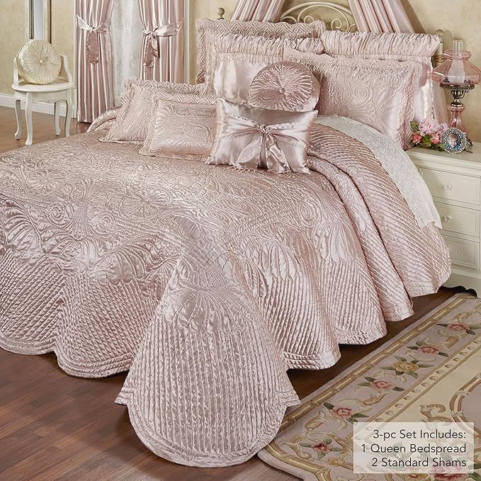 Touch of Class Portia Luxury Bedding | Posh Rose Quartz | Premier Quilted Polyester Satin | Romantic Hand Guided Machine Quilted Scroll Design 3 Piece Set with Queen Bedspread and 2 Standard Shams