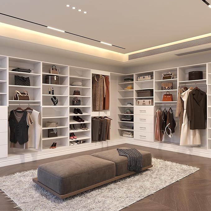Medium Double Hanging Closet Unit, Modular Closet System, Wood Closet System Organizer with Storage for Walk In Closets, Clothing Rack Closet for Hanging Clothes, Bedroom, White, 25.5"W
