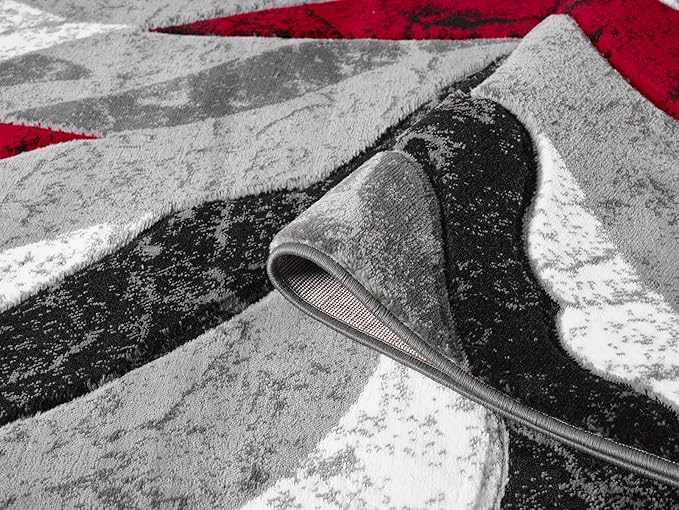 Modern Abstract Area Rug Hand Carved Contemporary Geometric Swirls Vibrant Colors Carpet for Living Room Bedroom Design PR1002 (Red, 8' x 10')