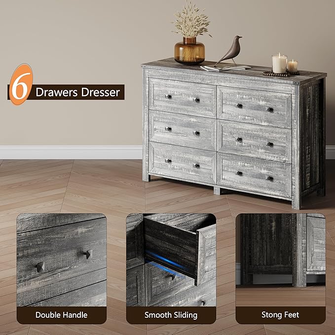 6 Drawer Dresser for Bedroom, Farmhouse Wood Chest of Drawers, Wide TV Stand Closet Storage Furniture with Metal Handle, Modern Clothes Organizer for Hallway, Living Room, Entryway, Grey