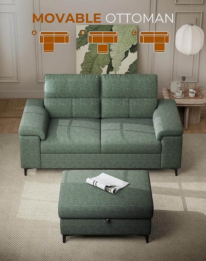 71.25" L Shaped Sectional Couches for Living Room, Deep Seat Sofa with Big Storage Ottoman & 8”Cushion, Comfy 2-Seater Chenille Loveseat, Convertible Armrest, Removable Cover for Small Space(Green)