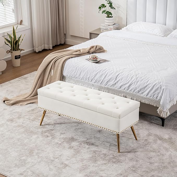 Velvet Storage Bench with Gold Legs& Nailhead Trim, 46" Wide Upholstered Modern Bedroom Bench for End of Bed, Tufted Ottoman for Entryway Living Room Dining Room (Ivory White, 46" Wide)