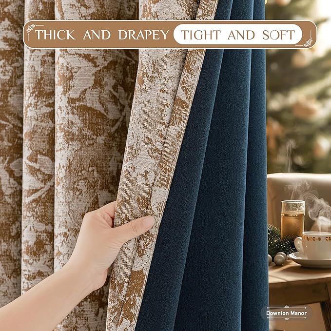 Beauoop Brown Floral Jacquard Blackout Curtains 96 Inches Long 2 Panels for Bedroom Living Room Chenille Flower Room Darkening Thermal Insulated Soundproof Grommet Window Treatments Drapes, 52x96