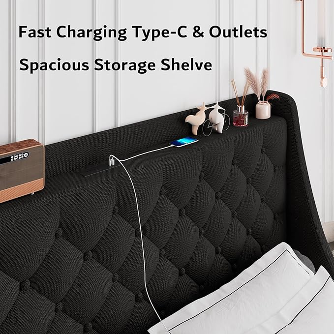 iPormis King Bed Frame with 4 Storage Drawers, Upholstered Platform Bed Frame with Type-C & USB Ports, Wingback Storage Headboard, Solid Wood Slats, No Box Spring Needed, Black