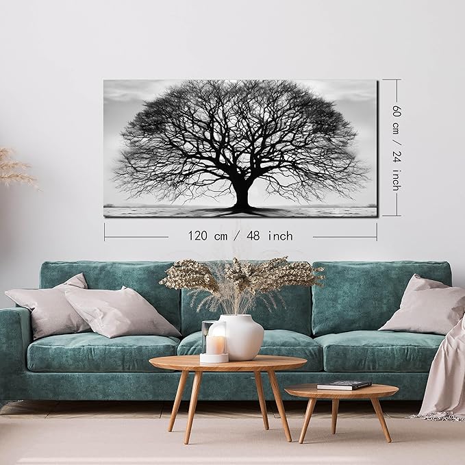 Prepeyssee Tree of Life Wall Art Large Artwork Black and White Wall Art Modern Landscape Nature Canvas Prints Decor for Living Room Bedroom Office Ready to Hang 24"x48"