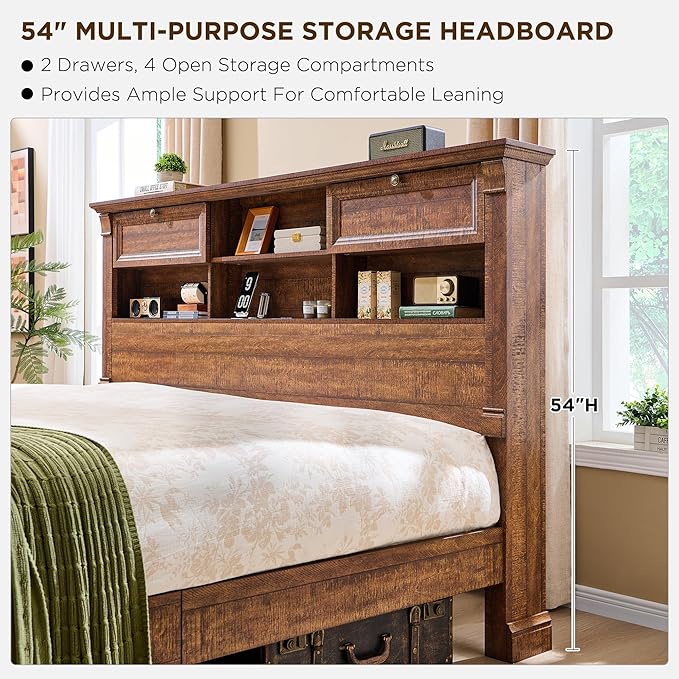 Farmhouse King Size Bed Frame with 54" Tall Storage Bookcase Headboard, Wood Platform Bed Frame with 18" Tall Roman Column Decoration Footboard & 2 Drawers, No Box Spring Needed(Reclaimed Barnwood)