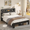 Wooden Bed Frame Queen Size with Storage Headboard - Farmhouse Platform Bed Frame with Bookcase Shelf & Led Lights, Sturdy Wood Slat Framework Bed Frame (Black LED)