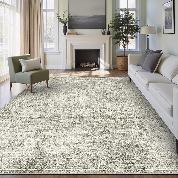 5x7 Area Rug Washable Vintage Neutral Living Room Carpet Large Indoor Non Slip Taupe Bedroom Distressed Low Pile Retro Accent Throw Rug for Dining Room