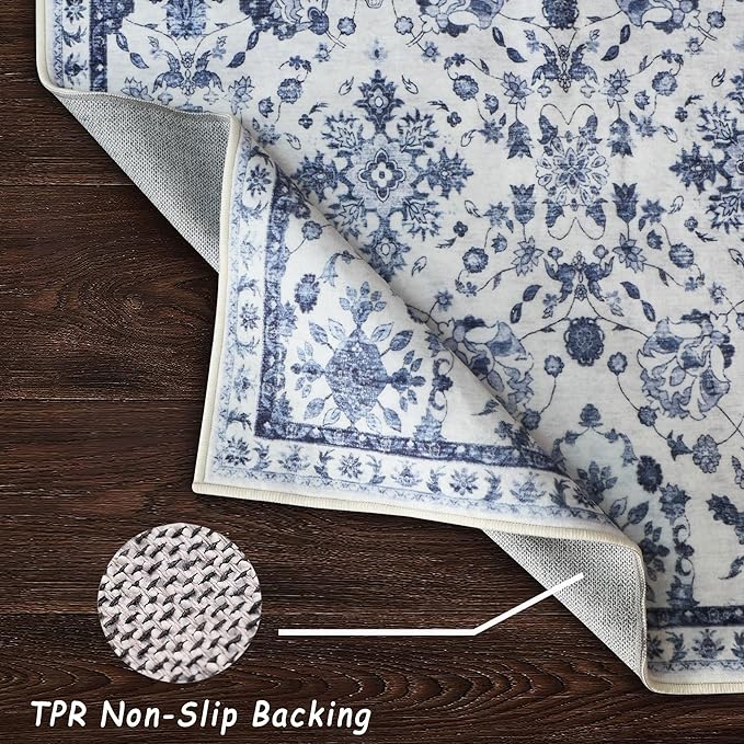vivorug 6x9 Rug, Stain Resistant Washable Rug for Living Room, Floral Area Rug Vintage Inspired (Ivory/Blue, 6'x9')