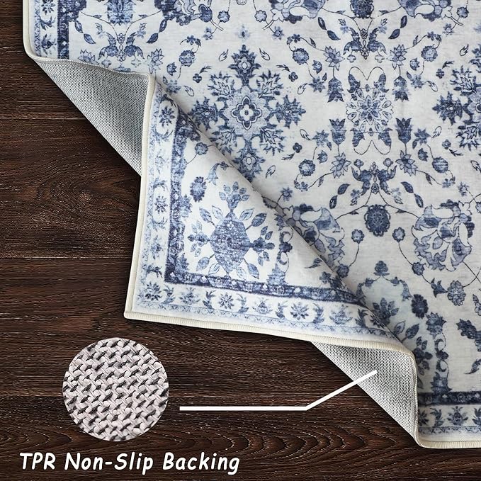 vivorug 4x6 Rug, Stain Resistant Washable Rug for Living Room, Floral Area Rug Vintage Inspired (Ivory/Blue, 4'x6')