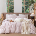 MooMee Gingham Duvet Cover Set 100% Washed Cotton Linen Like Textured Breathable Durable Soft Comfy Modern Checkered Design (Classic Gingham Greyish Pink, Palatial King/Oversized King 120"x98")