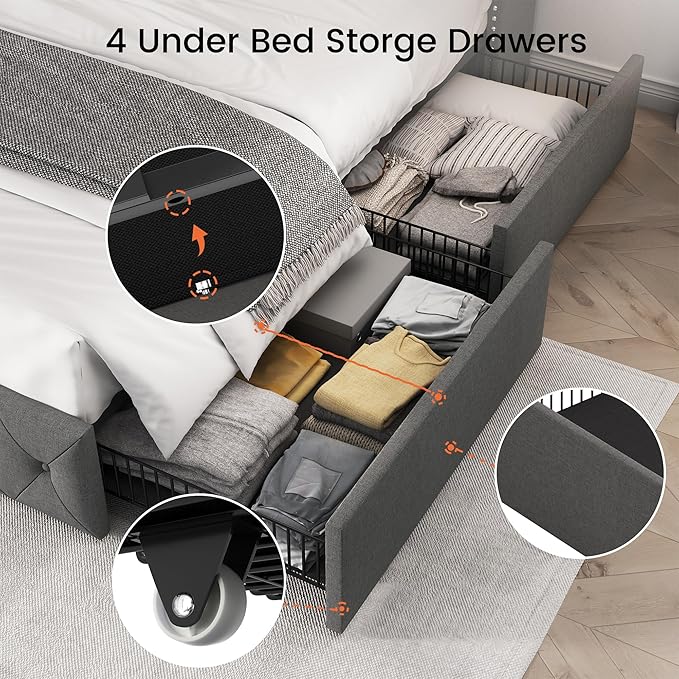LARMACE Upholstered King Size Bed Frame with 4 Storage Drawers and Wingback Headboard Tufted Platform Bed Frame Linen Beds with Wooden Slats Support, Easy Assembly, Light Grey