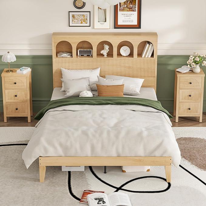 Queen Bed Frame, Storage Headboard with 5 Arched Storage Compartments, 12.4 Inch Farmhouse Wooden Queen Bed Frame, No Box Spring Needed, No Noise (Wood Color)
