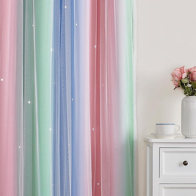 XiDi Curtains for Bedroom Decor, Rainbow Pink GreenBlue34/45/1