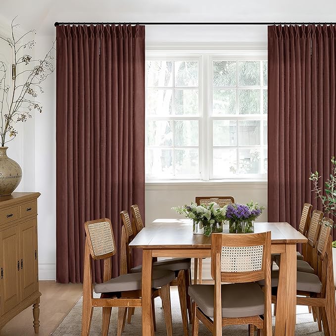 Brown Red Linen Pinch Pleated Curtains 102 Inches Long for Living Room Pleated Drapes Hooks Back Tab Thick Linen Textured Boho Farmhouse Country Terracotta Maroon 102 Inch Curtain for Dining Bedroom