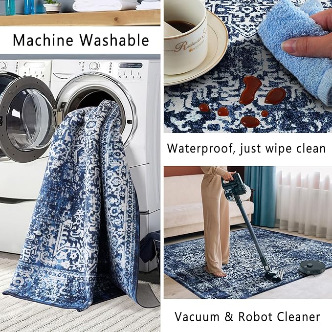 vivorug 5x7 Area Rugs, Stain Resistant Washable Rug for Living Room, Vintage-Inspired (Navy Blue, 5'x7')