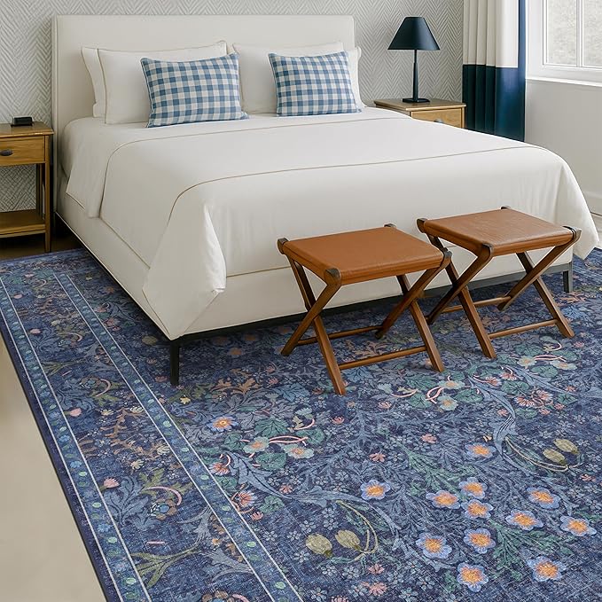 Washable Dark Blue Rug for Living Room - 10x14 Large Area Rug for Dining Room Under Table, Bedroom, Soft Low Pile Non-Slip Stain Resistant Carpet - Vintage Navy Floral Design