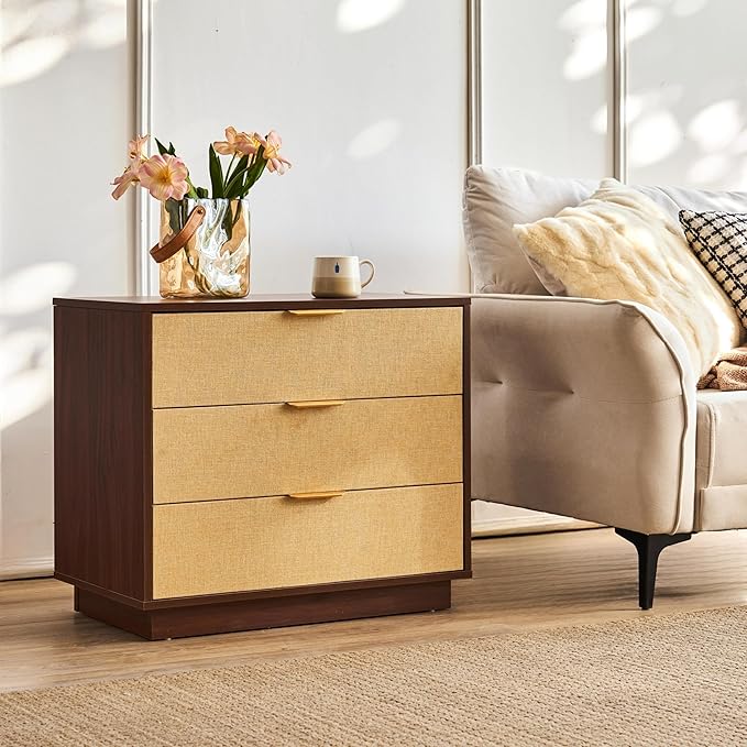 Saint Mossi Modern Nightstand with 3 Drawers, Large Rattan Night Stand, Natural Wood Bedside Table Storage Cabinet, Sofa End Tables Dresser for Living Room, Hallway, Closet, D27xW16xH23