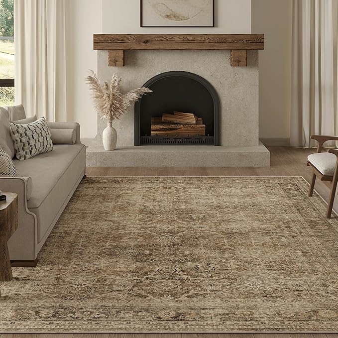 FMFUNCTEX 8x10 Washable Area Rug Brown Vintage Neutral Distressed Large Non Slip Carpet for Living Room Bedroom Soft Low Pile Indoor Mat Retro Floral Throw Rug for Dining Room Kitchen Office Nursery