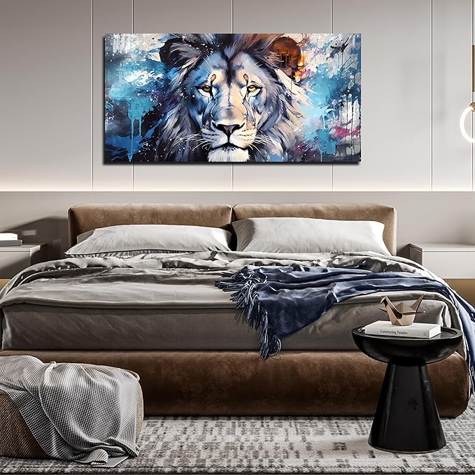 ENTANUB Lion Canvas Wall Art for Living Room, Blue Print Painting for Bedroom, Animal Picture Decor, Large Size 48x24 Inches