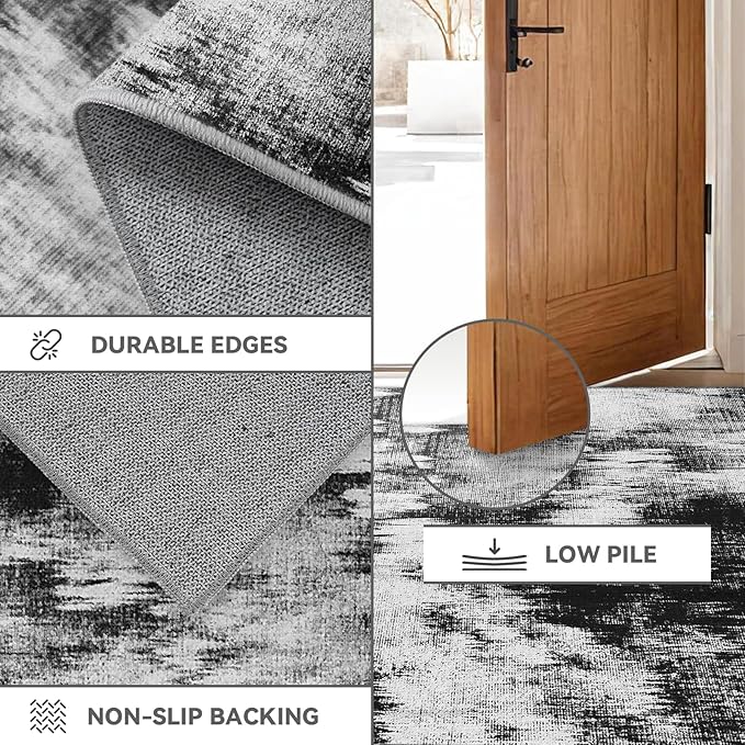 3x8 Hallway Washable Runner Rug: Extra Long Kitchen Runner Non Slip Abstract Rugs Printed Faux Wool Low Pile Soft Indoor Floor Carpet for Bedroon Dining Living Room Bathroom Black White 3x8
