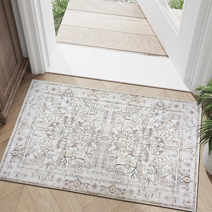 jinchan Lima 2x3 Washable Rug for Entryway - Vintage Floral Ultra-Thin Low Pile Soft Small Non Slip Distressed Indoor Door mat Accent Area Rug for Entrance Kitchen Bathroom Bedroom (2x3ft, Taupe)