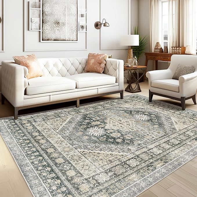 zesthome 5x7 Area Rugs - Ultra-Thin Washble Rug, Stain Resistant Anti Slip Backing Rugs for Living Room,Bedroom, Vintage Home Decor Area Rug (Wheat/Charcoal,5'x7')