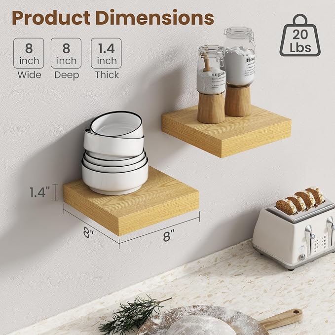 Axeman Square Floating Shelves for Wall, 8" W x 8" D x 1.4" H Rustic Wooden Wall Shelves, 4 Pack Wall Mounted Floating Shelf with Invisible Brackets for Living Room, Bathroom, Kitchen, Oak Color