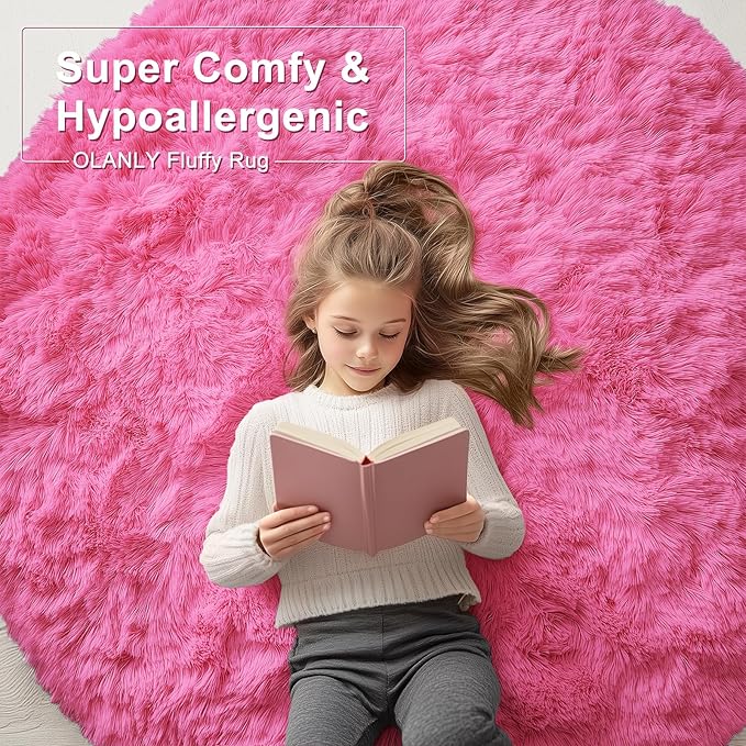 OLANLY Hot Pink Round Rugs for Bedroom - Machine Washable, 5 ft Circle Area Rugs for Living Room, Soft and Fluffy Shaggy Carpet for Teen Girls and Boys, Nursery Rooms, Dorms, Home Decor Aesthetic