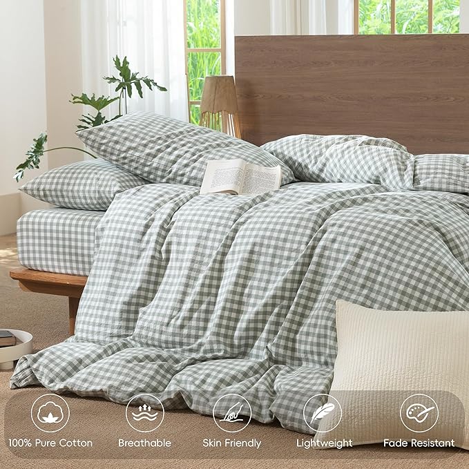 MooMee Gingham Duvet Cover Set 100% Washed Cotton Linen Like Textured Breathable Durable Soft Comfy Modern Checkered Design (Sage Green Gingham, Full 80"x90")