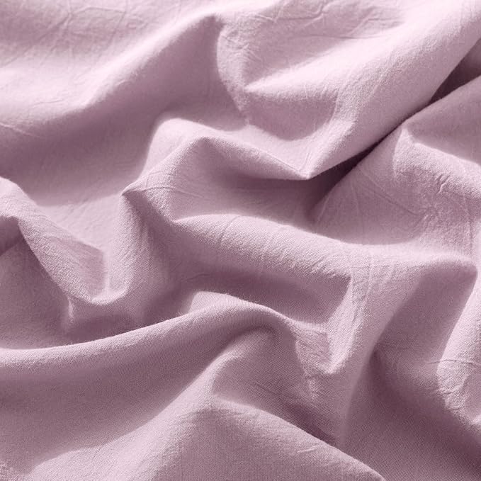 MooMee Fitted Bottom Sheet Only 100% Washed Cotton Linen Like Textured Breathable Durable Soft Comfy Deep Pocket Fits Mattress up to 17" (Light Purple, King)