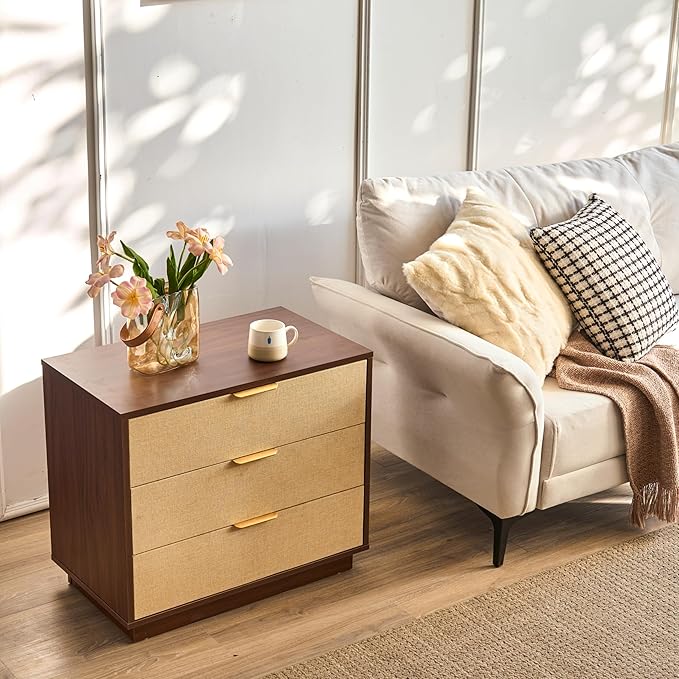 Saint Mossi Modern Nightstand with 3 Drawers, Large Rattan Night Stand, Natural Wood Bedside Table Storage Cabinet, Sofa End Tables Dresser for Living Room, Hallway, Closet, D27xW16xH23